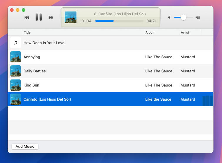Music showing a local album with its tracks on macOS