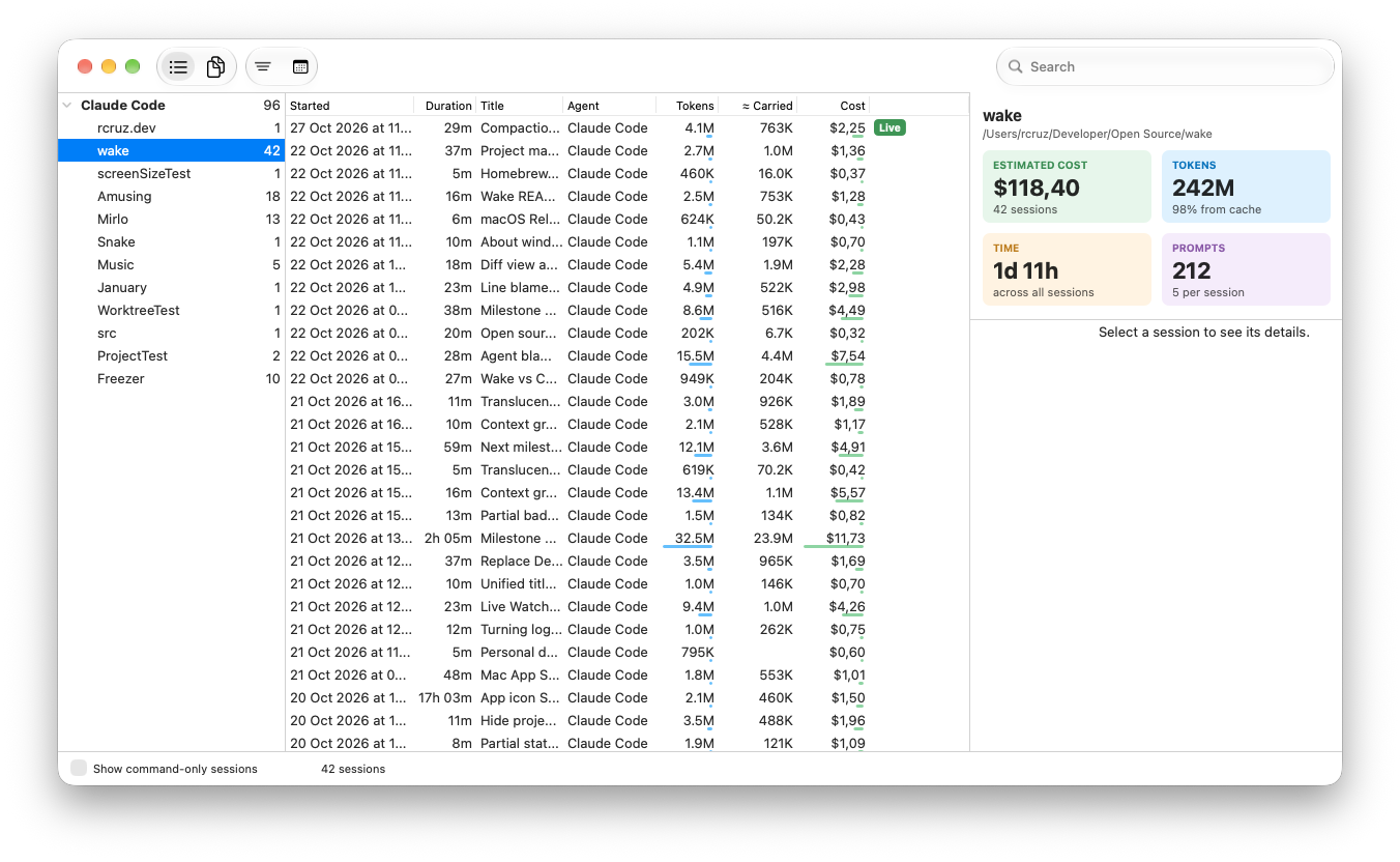 Wake listing Claude Code sessions by project, in front of the Usage window with cost per day