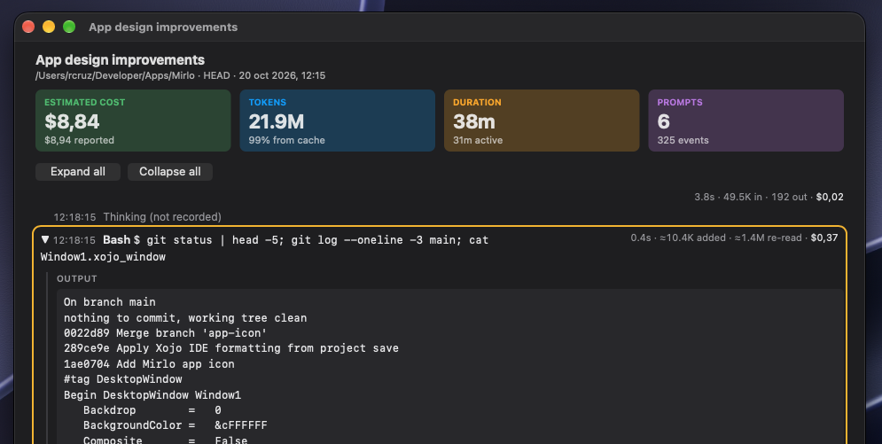 A session timeline with a shell command expanded to show its output and what it added to the context