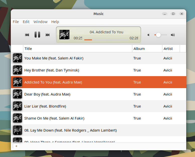 An early version of Music running on Linux, with the album list and the player at the top