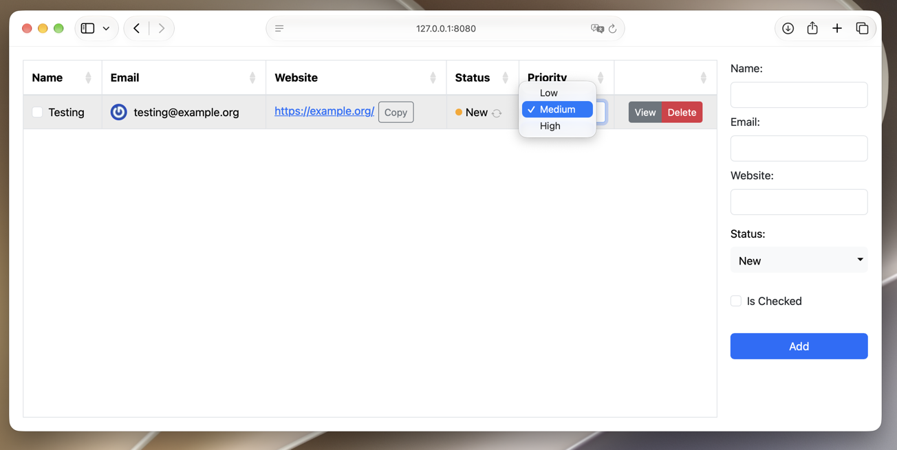 A WebListBox with the Priority popup menu open, showing Low, Medium and High