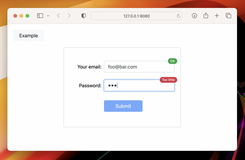 A login form with a green OK badge on the email field and a red Too little badge on the password field