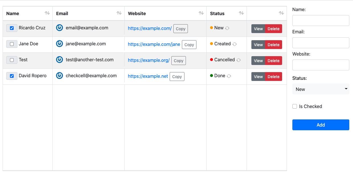A WebListBox using cell renderers: checkboxes, avatars, links with a Copy button, status dots and View and Delete buttons